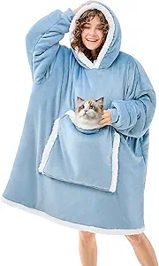 JOYWOO Wearable Blanket Hoodie,Oversized Cat Lovers Sweatshirt Blanket for Adult & Teens, Birthday Gifts for Women Men Mom Girl Boys,Cozy Sherpa Fuzzy Blanket Giant Pocket Gifts,Denim blue Small