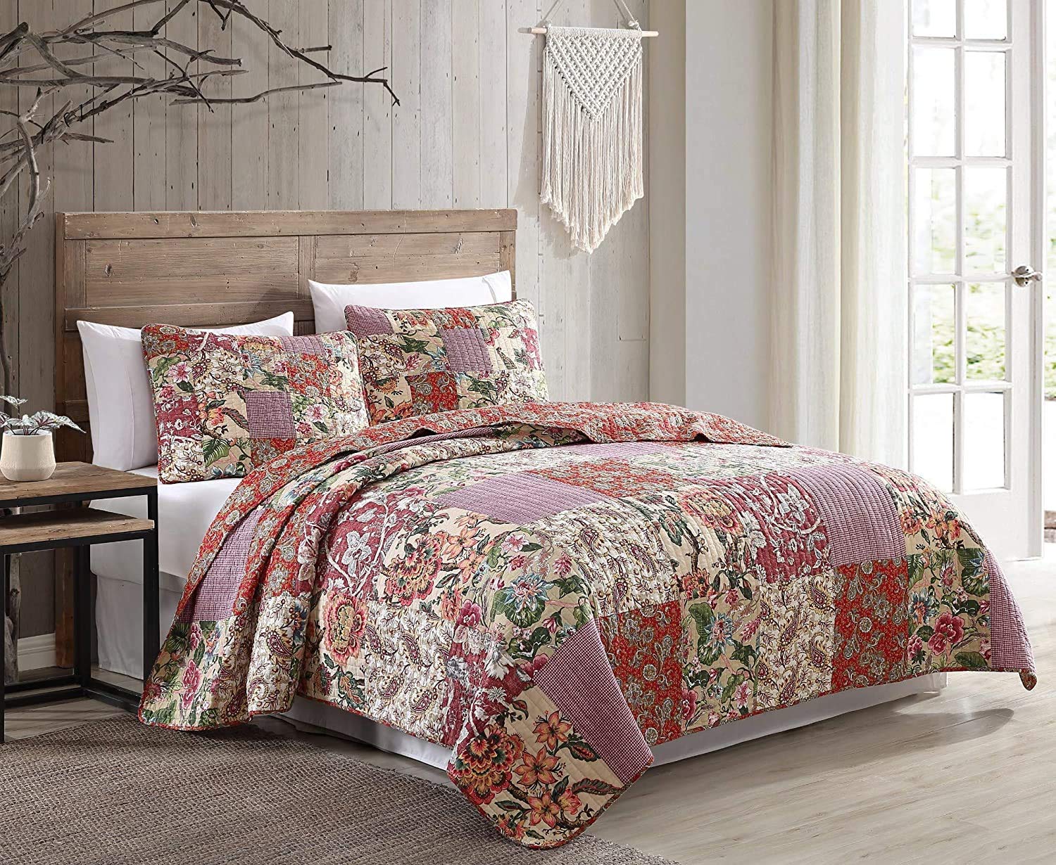 Chezmoi CollectionRae 3-Piece Floral Real Patchwork Quilt Set, Pre-Washed 100% Cotton Coverlet Bedspread, King