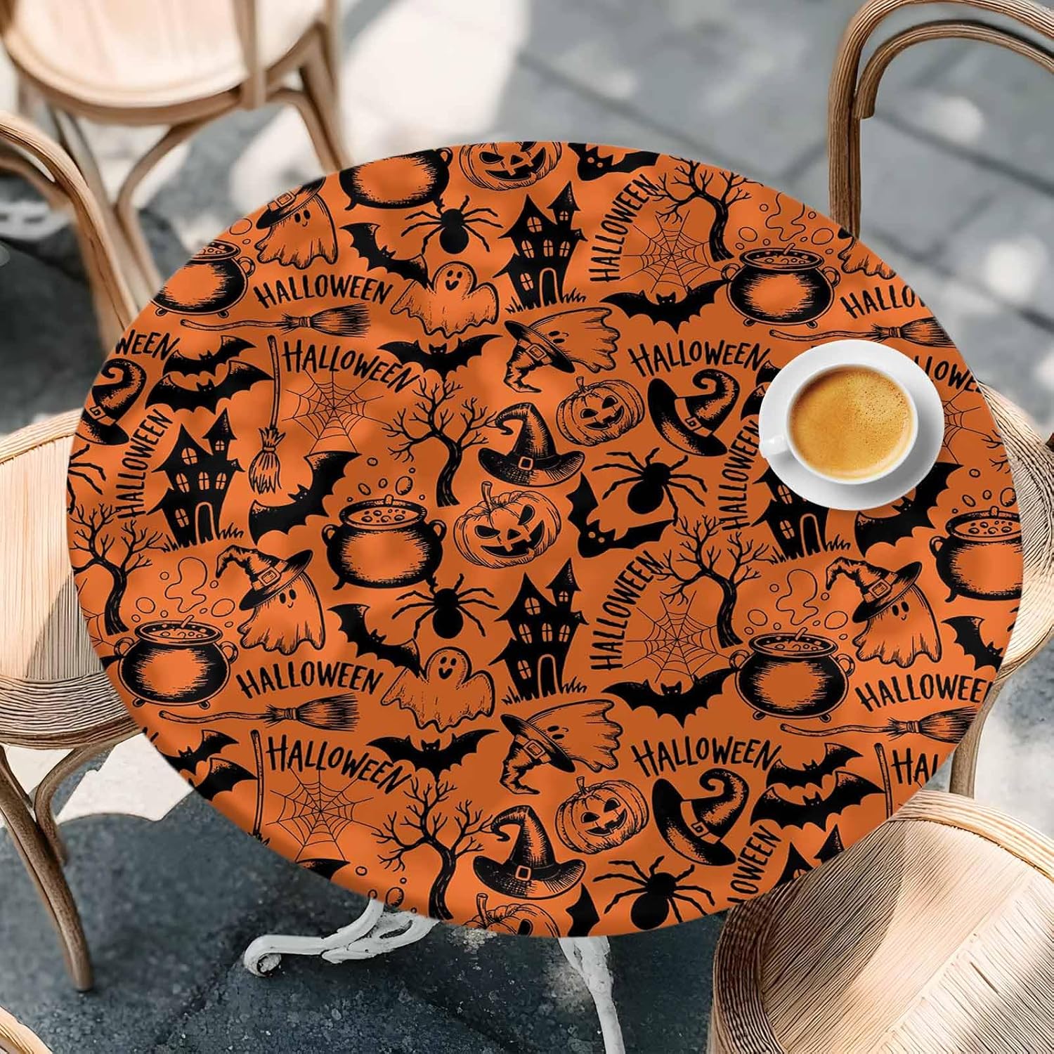 Round Fitted Tablecloth Elastic Edged Table Cover,Halloween Bat Castle Orange Black Waterproof Wipeable Table Cloths for Kitchen Dining Party Fit up 55-60in Tables,Pumpkin Ghost