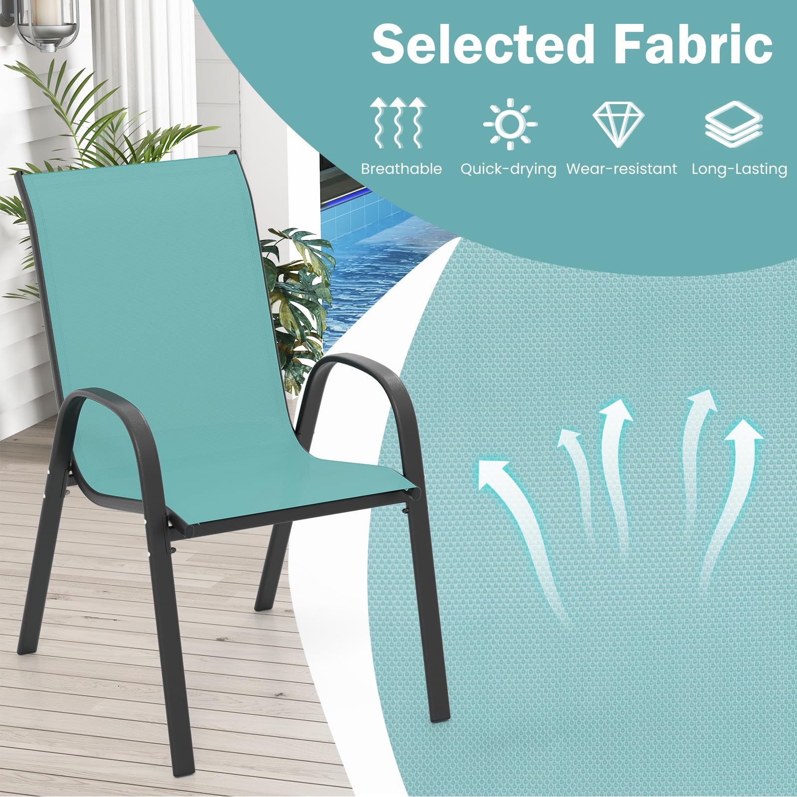 COSTWAY Patio Dining Chairs Set of 4, Stackable Outdoor Chairs with Armrest and High Back, Breathable Fabric & Metal Frame Chair for Garden Poolside Backyard Deck (Turquoise) - 4