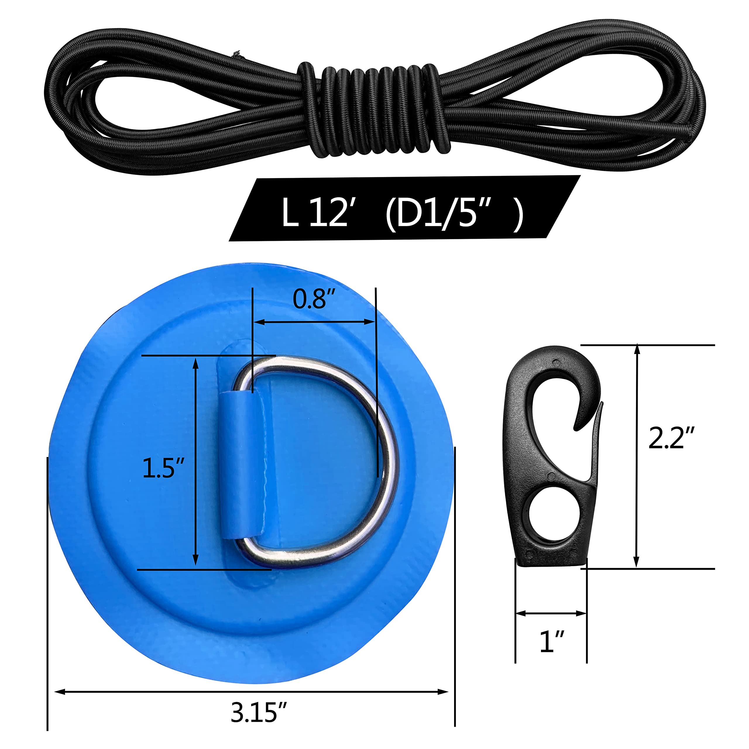 Stainless Steel D Ring Patch Kit with 12 FT Elastic Bungee Shock Cord for Inflatable Boat Kayak Dinghy SUP, D-Ring PVC Patch Stand-Up Paddleboard Pad Accessories, NO Glue Included