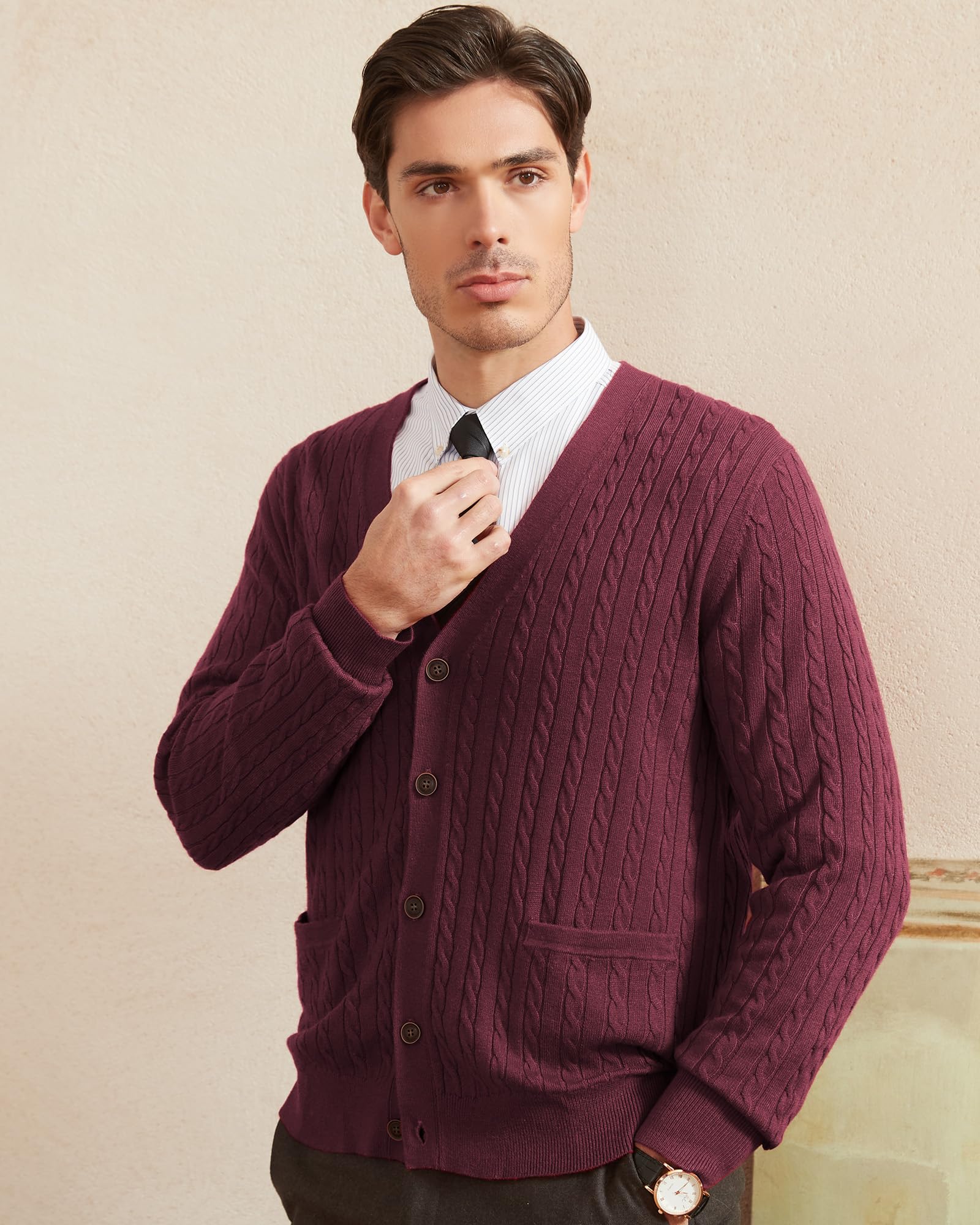 Kallspin Maglione da Uomo in Misto Lana con Maglia a Cavi e Scollo a V