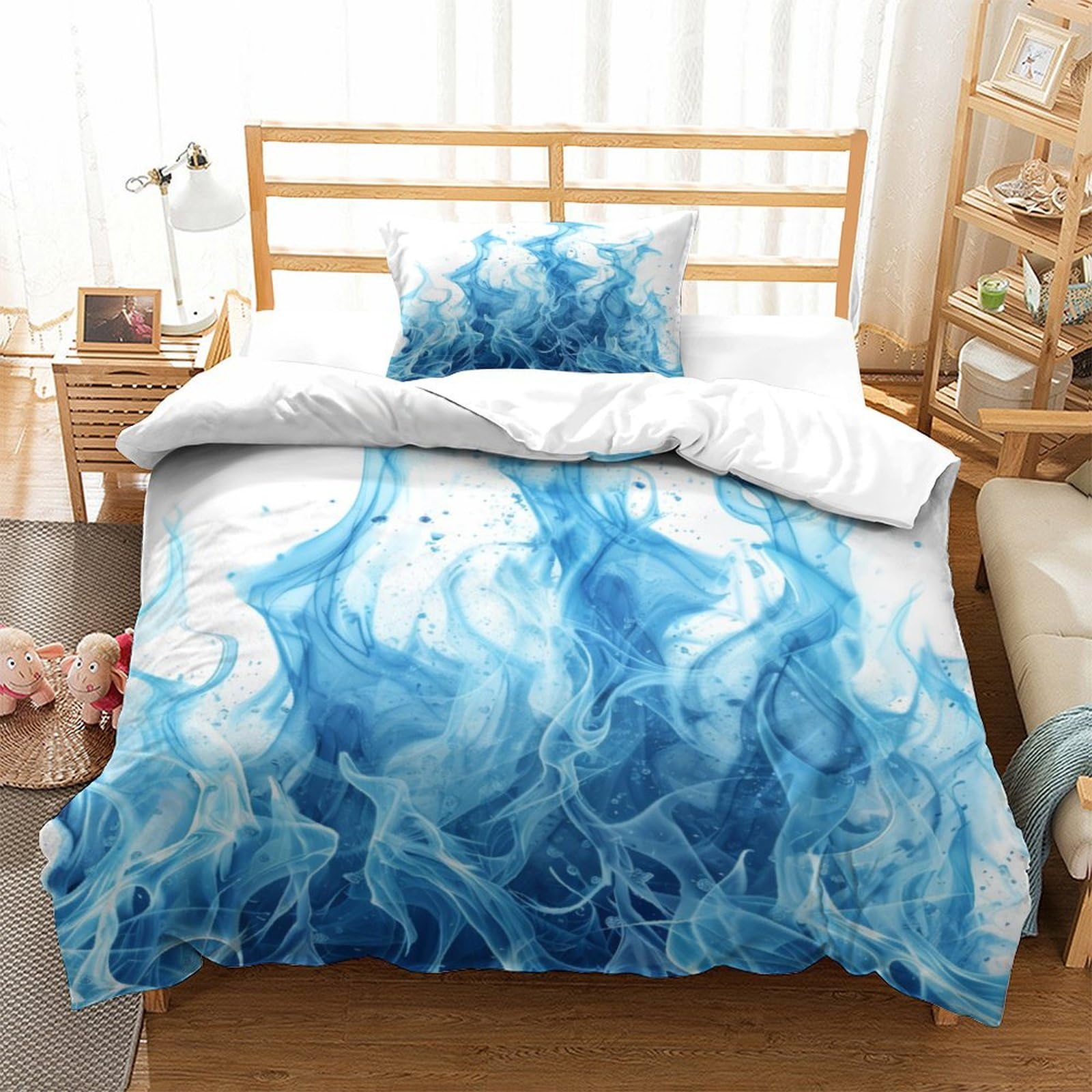 P1s9u7w5y Burning Blue Fire Dreamy Blue Ink 3D Printed Duvet Cover Set 3Pcs Microfiber Artistic Bedding Set Single（135X200cm）