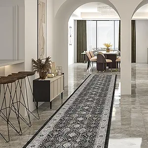Hallway Washable Runner Rug - 2'6x14 Kitchen Rugs Entryway Rug Runner Vintage Soft Floor Mat Non Slip Indoor Farmhouse Carpet for Bathroom Living Room Bedroom (2'6''x14', Black)