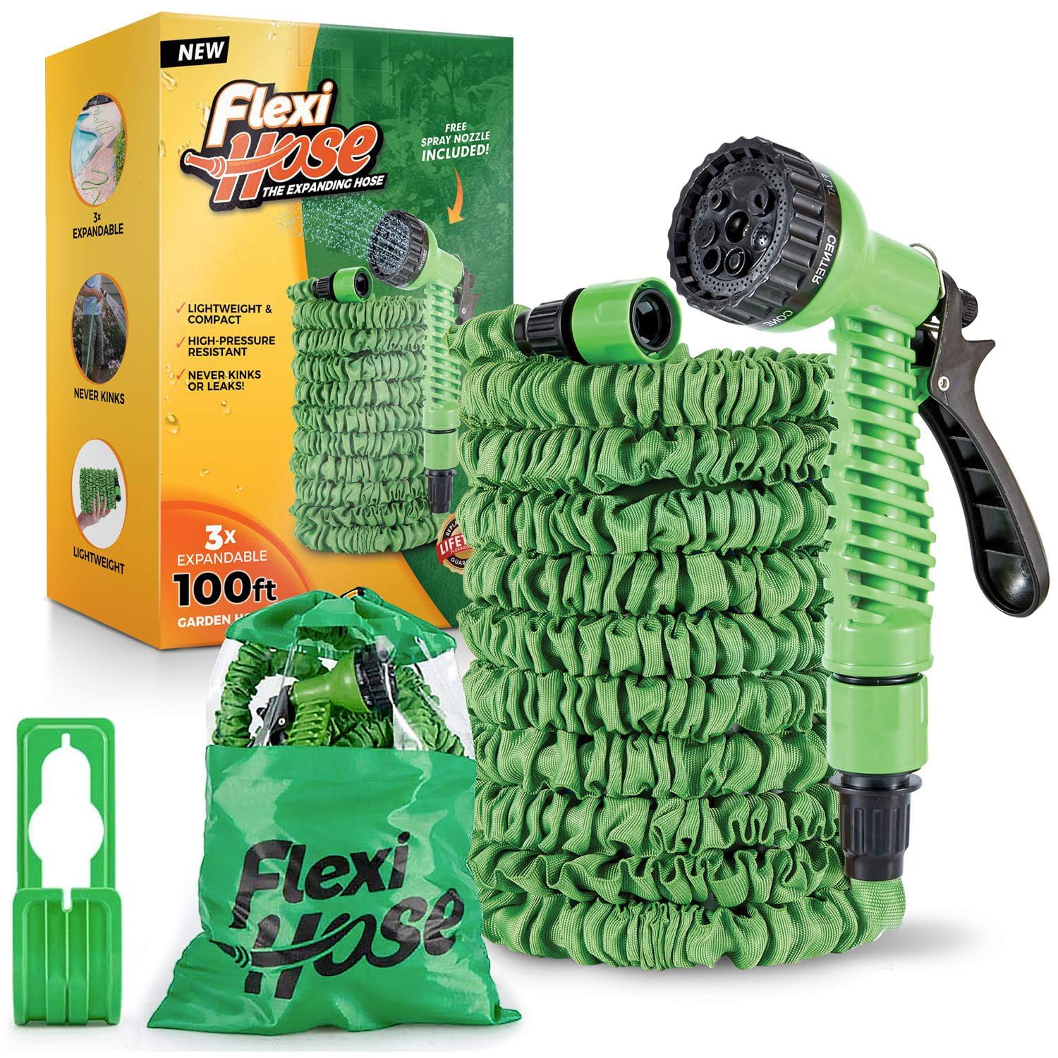 Flexi Hose Expandable Garden Hose - 100FT Heavy Duty Water Hose, Retractable Hose with 3/4-Inch Fittings - Expandable Hose Design & Spray Nozzle Included - Green, 30 Metres