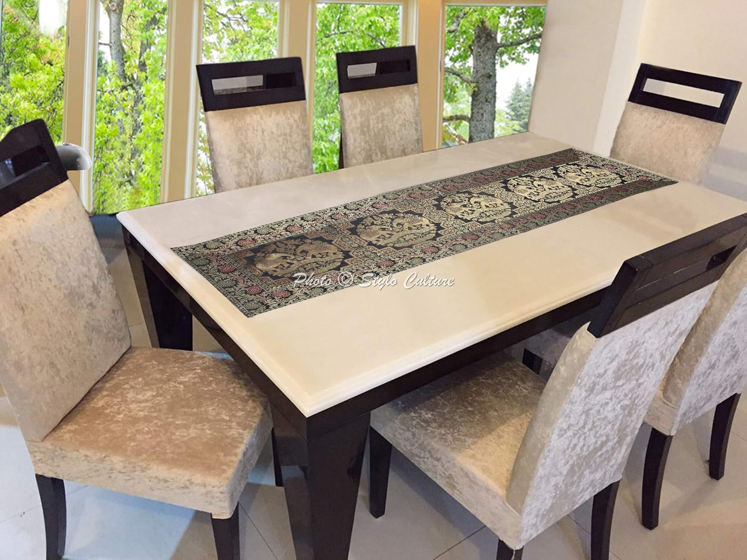 Indian Dining Room Table Runner Black Gold Elephant & Floral Brocade Jacquard Rectangle Home Decor Ethnic Center Table Cloth | 60x16 Inches (152 x 40 cm)