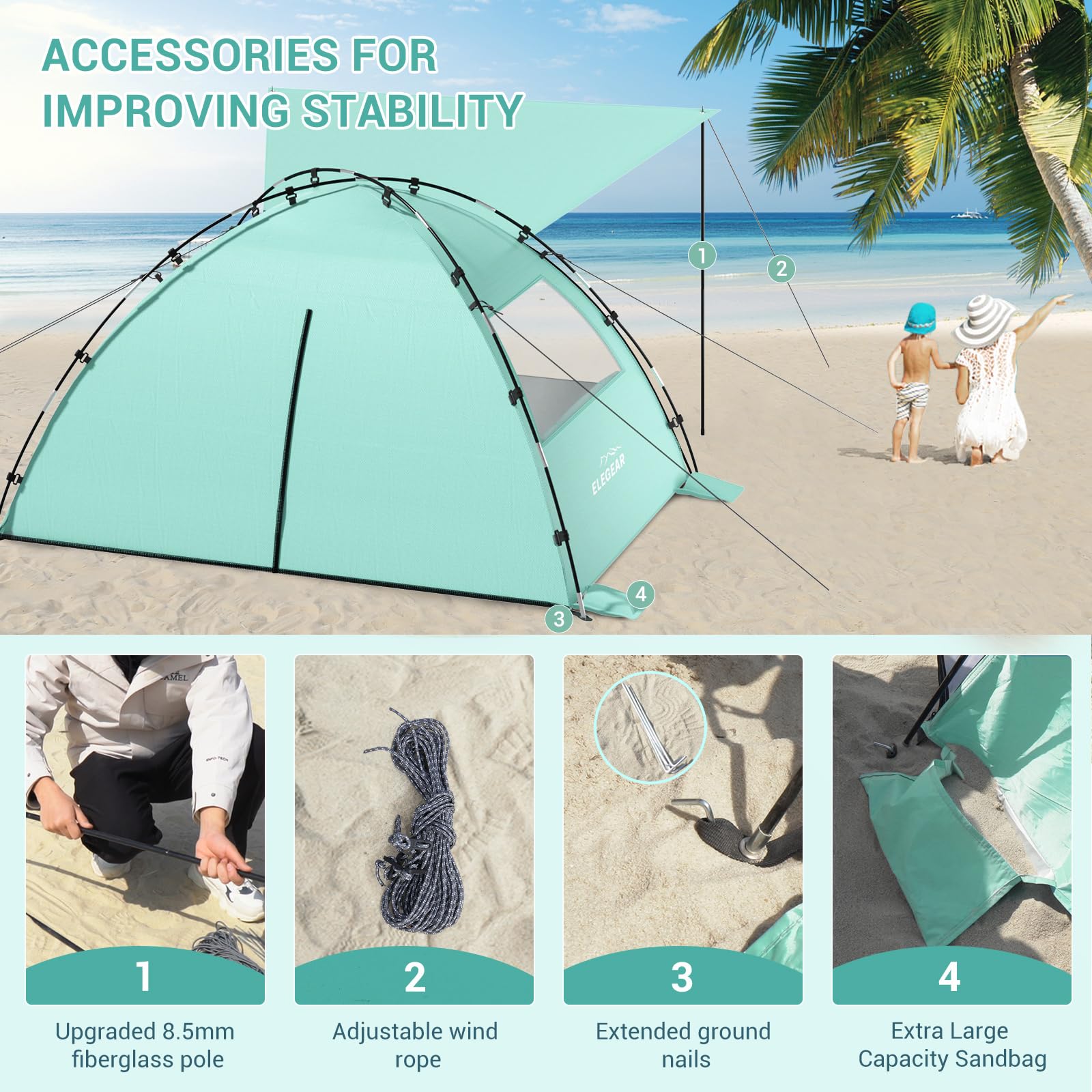 Elegear Tenda da Spiaggia Completamente Chiusa per 4-7 Persone con Protezione Solare UPF 50+