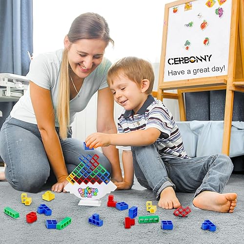 Miniatura 3 de Juego de 64 bloques apilables de torre Tetra, juegos de mesa para familias, fiestas, viajes y construcción de equipos, adecuado para más de 2