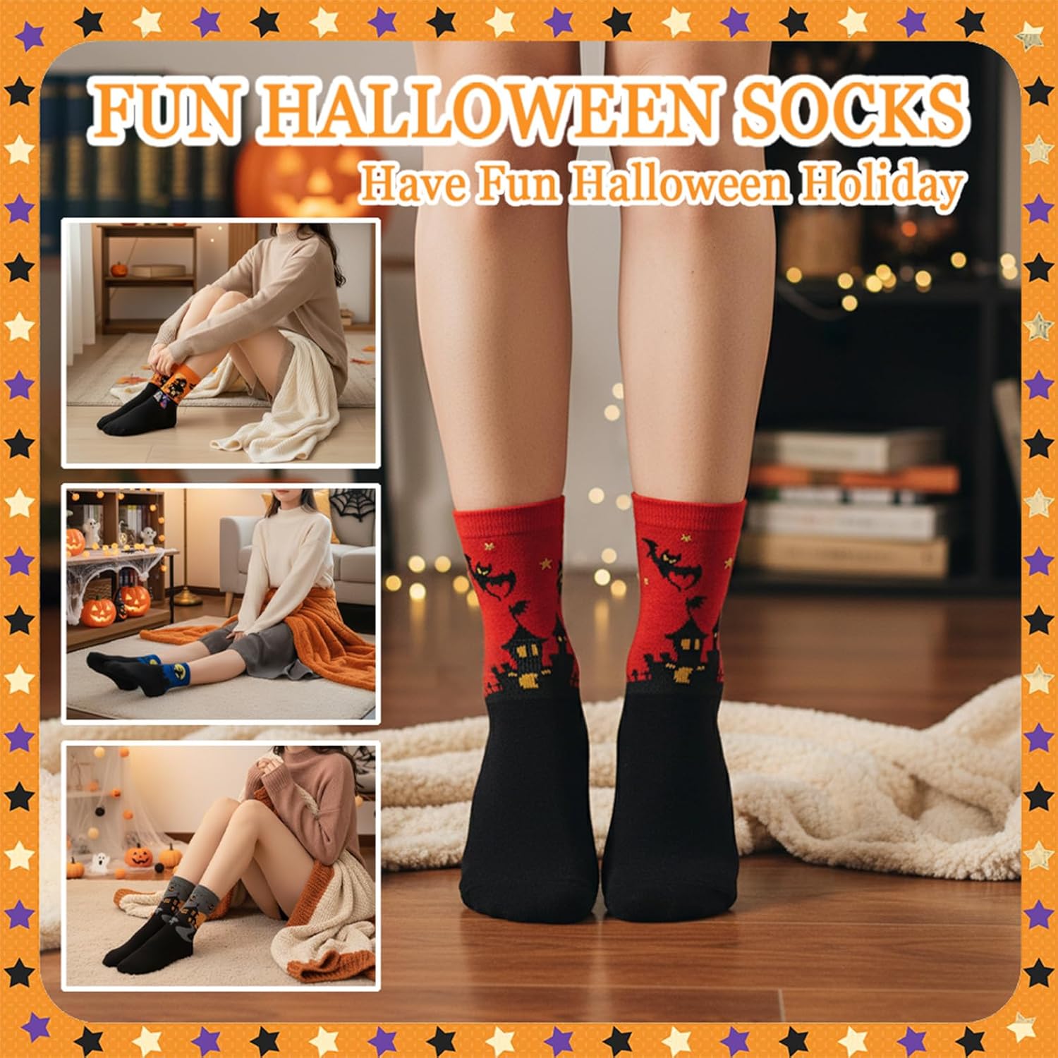 4 Pairs of Women's Halloween Fun Crew Socks Fuzzy Horror Socks Cotton Spooky Crew Stocking Happy Halloween Gifts for Adult Men Women - Image 5
