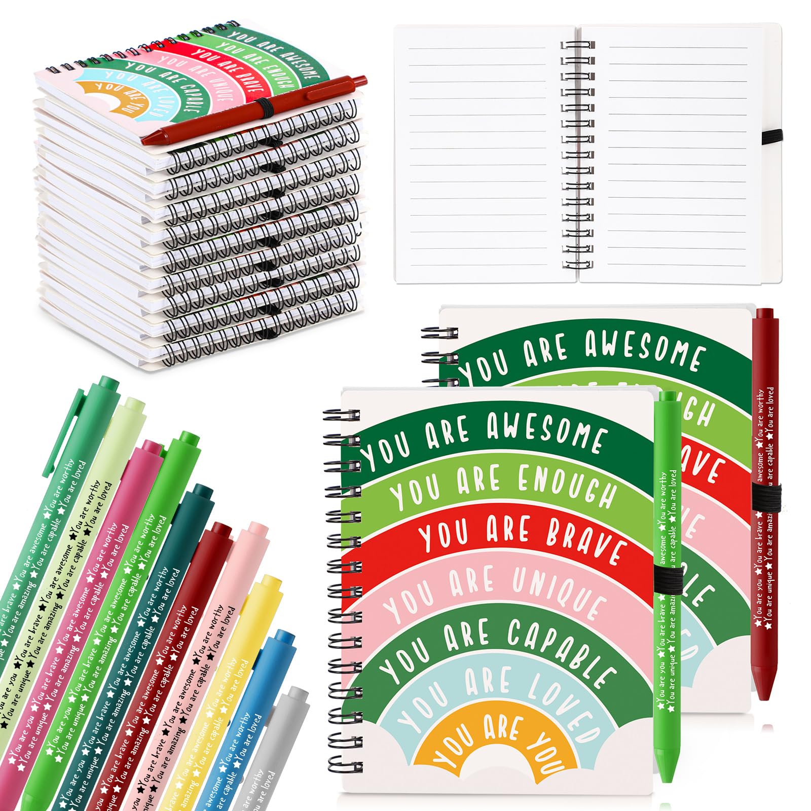 Thenshop Bulk Mental Health Awareness Gifts Self Care Items Positive Affirmation Journals Inspirational Spiral Notebooks & Pens for Boss Employee Coworker Student Teacher(Christmas Color,40 Pcs)
