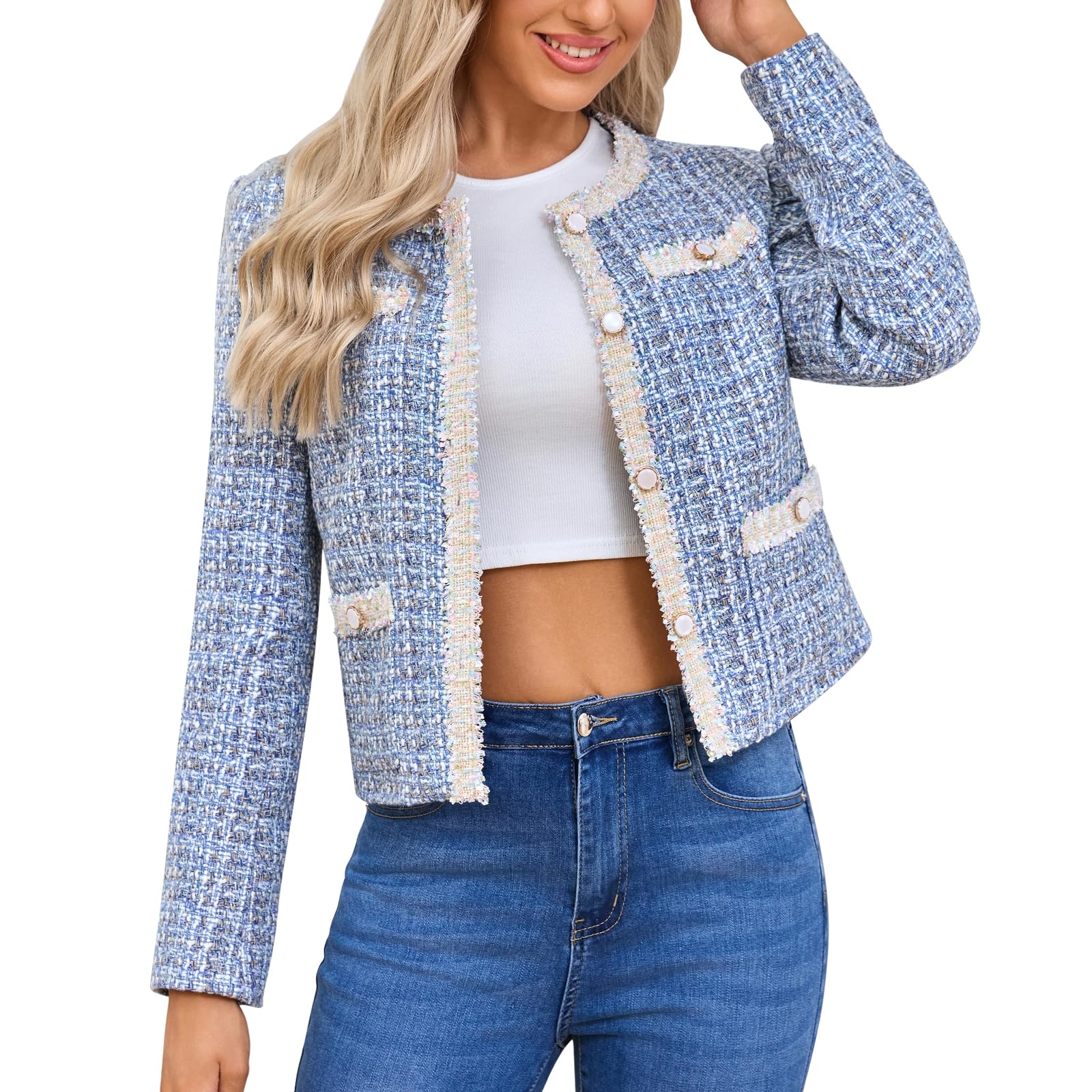 Xaspee Womens Tweed Blazers Cropped Long Sleeve Crewneck Open Front Lace Trim Lightweight Plaid Work Blazer Jackets