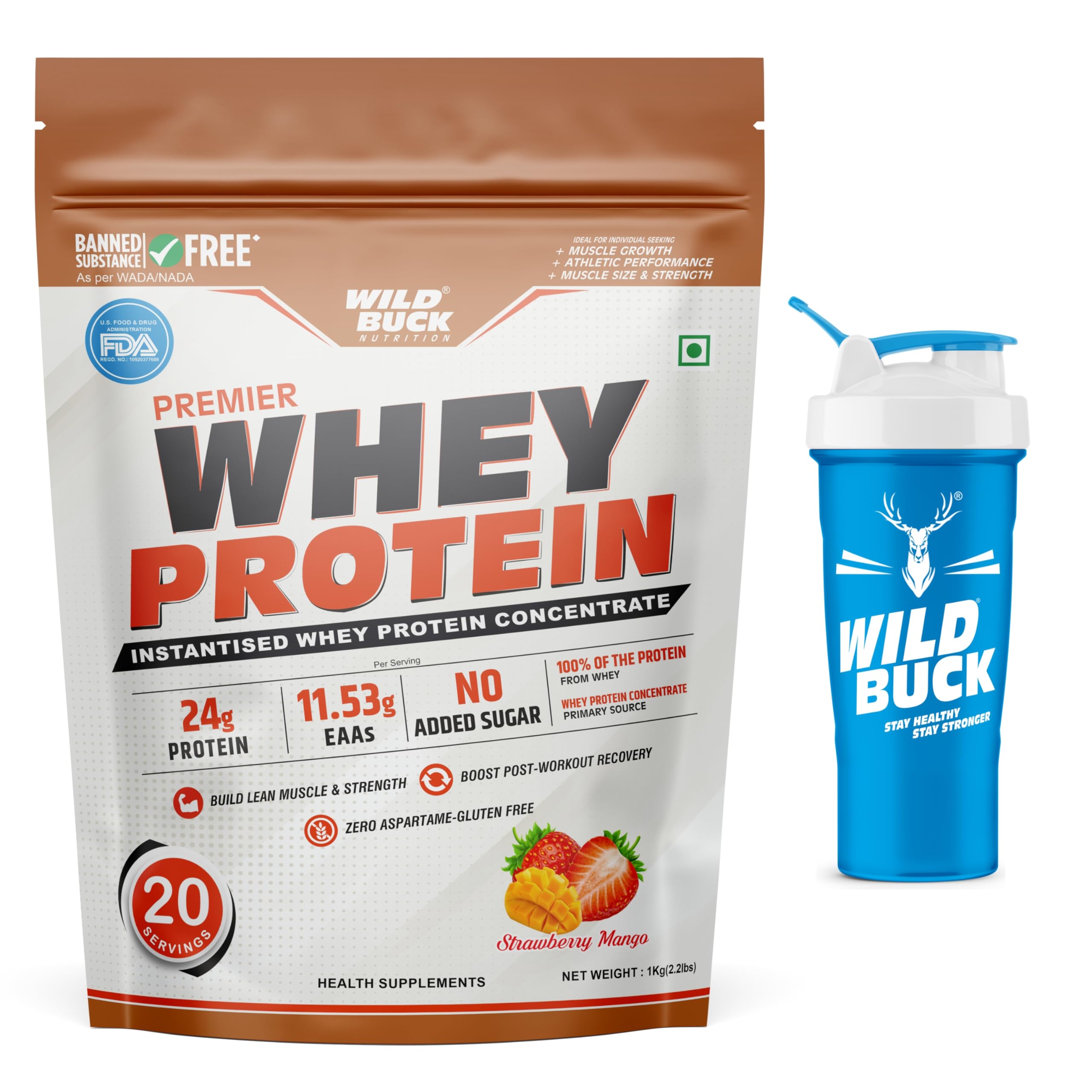 Premier Whey Protein Concentrate 100%, 24g High Protein, 5.43g BCAA, 11.53g EAA & Added Digestive Enzymes | Muscle-Building Whey Protein Powder | Sports Drink for Recovery & Muscle Growth | For Men & Women [1kg, Strawberry Mango] Free Shaker