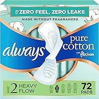 Always Pure Cotton FlexFoam Pads with Wings - Size 2 Heavy Absorbency Unscented, Zero Leaks & Feel, 72 Ct