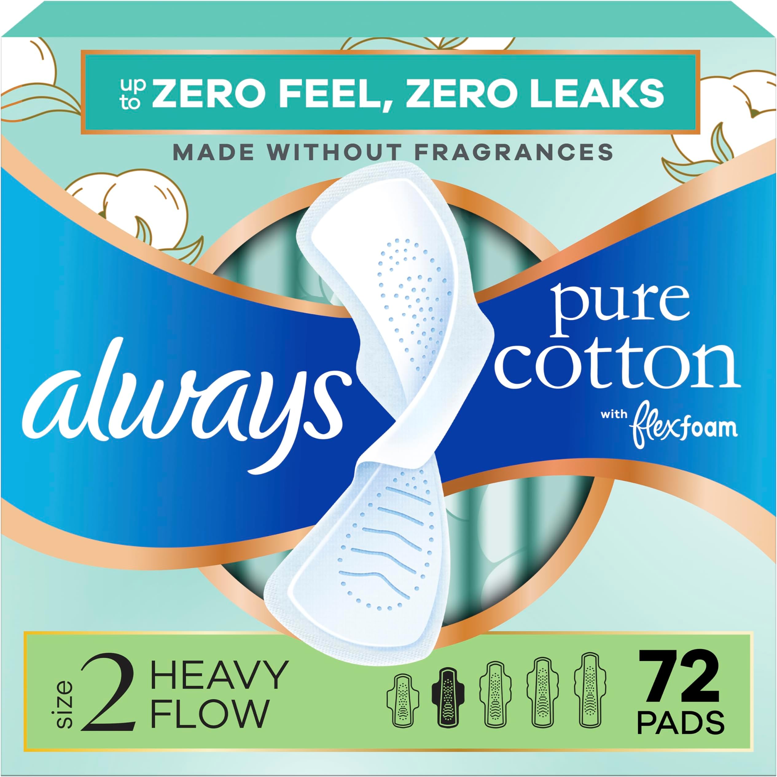 Always Pure Cotton, Feminine Pads For Women, Size 2 Heavy Flow Absorbency, Multipack, With Flexfoam, With Wings, Unscented, 24 Count x 3 Packs (72 Count total)