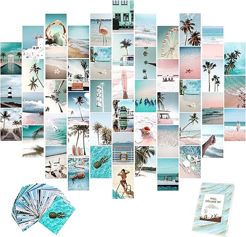 Miniatura 1 de Kit de collage de pared verde azulado, 50 piezas de 4 x 6 pulgadas, kit de impresión de collage de playa de verano, carteles de vocación para
