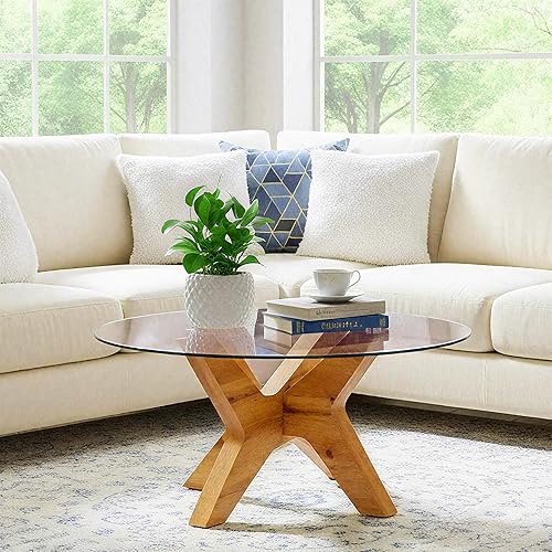 Miniatura 10 de ivinta Mesa de centro redonda de vidrio, mesa central moderna de 31.5 pulgadas con vidrio templado y patas de MDF para sala de estar, oficina, árbol