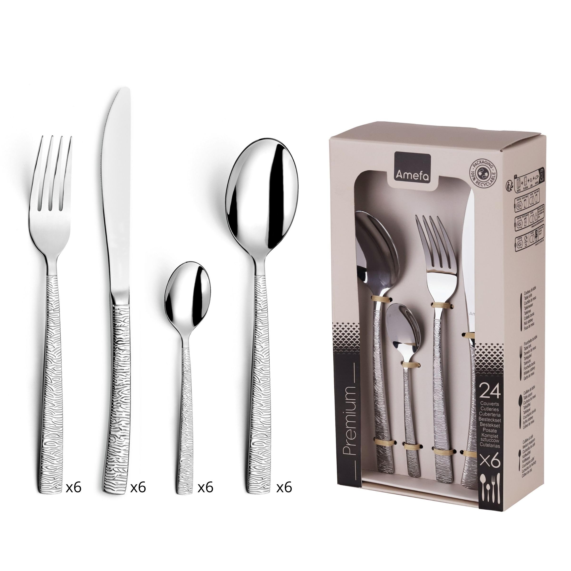 Amefa Havane Jungle Ménagère 24 Couverts Acier INOX pour 6 Personnes, INOX