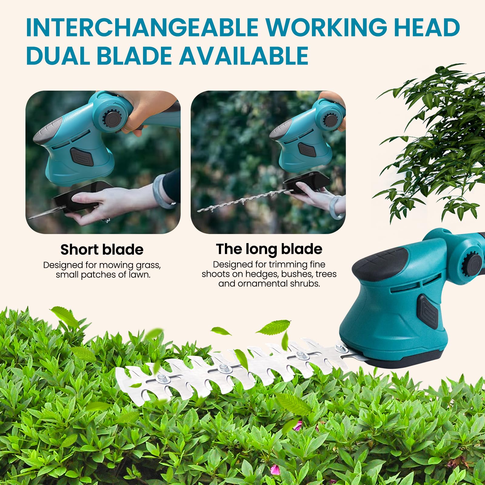 Tijeras de césped con batería, 21 V, 2 baterías de 7500 mAh, cuchillo de hierba de 8 cm y cuchillo para arbustos de 22 cm, ángulo de trabajo ajustable a 90°, para carretera, jardinería, terraza (2