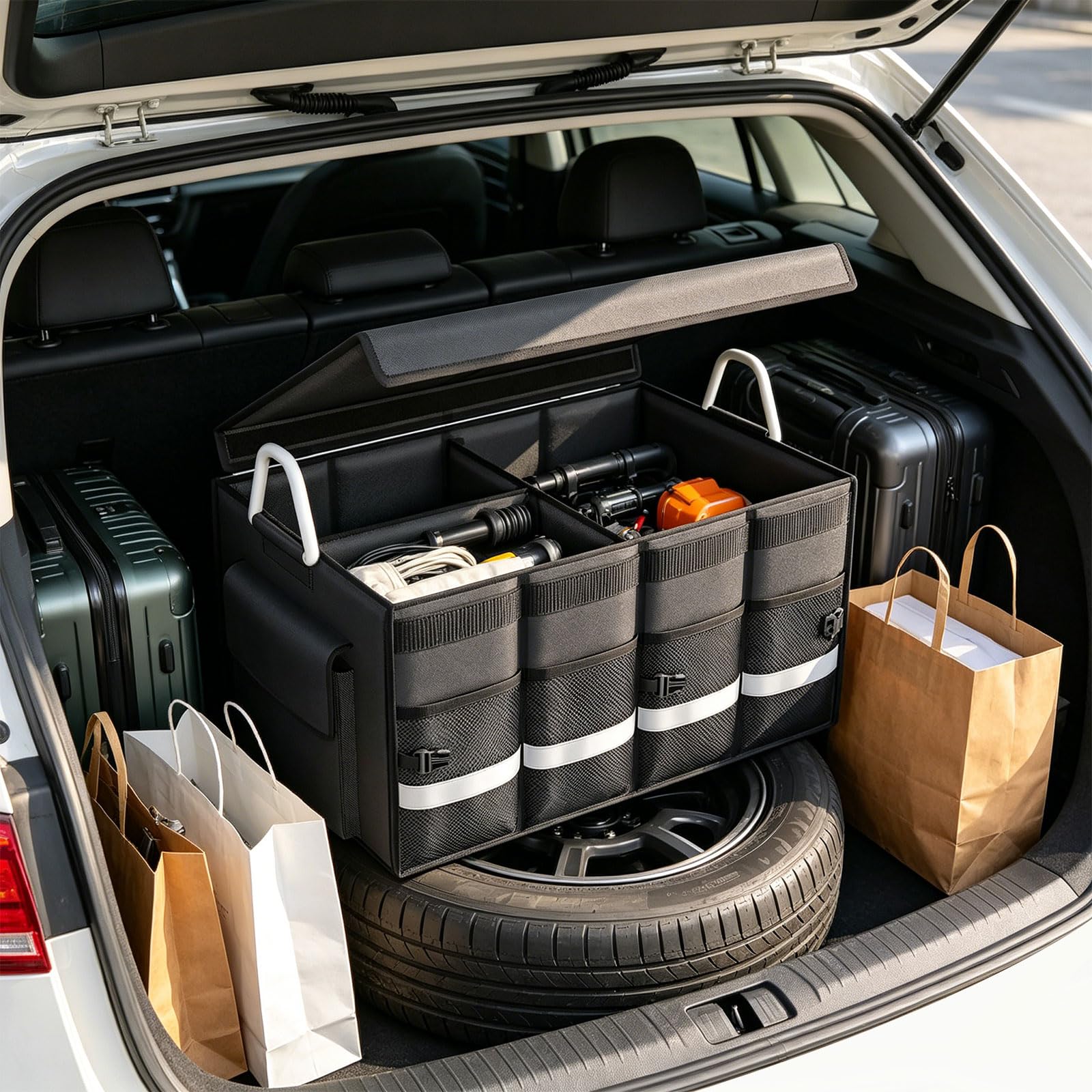 Oxford Stoff Kofferraum Organizer, verschleißfestes Design, zusammenklappbare Auto Aufbewahrungsbox für Familienreisen und tägliche Pendler Aufbewahrungslösungen, Faltbox mit großer Kapazität