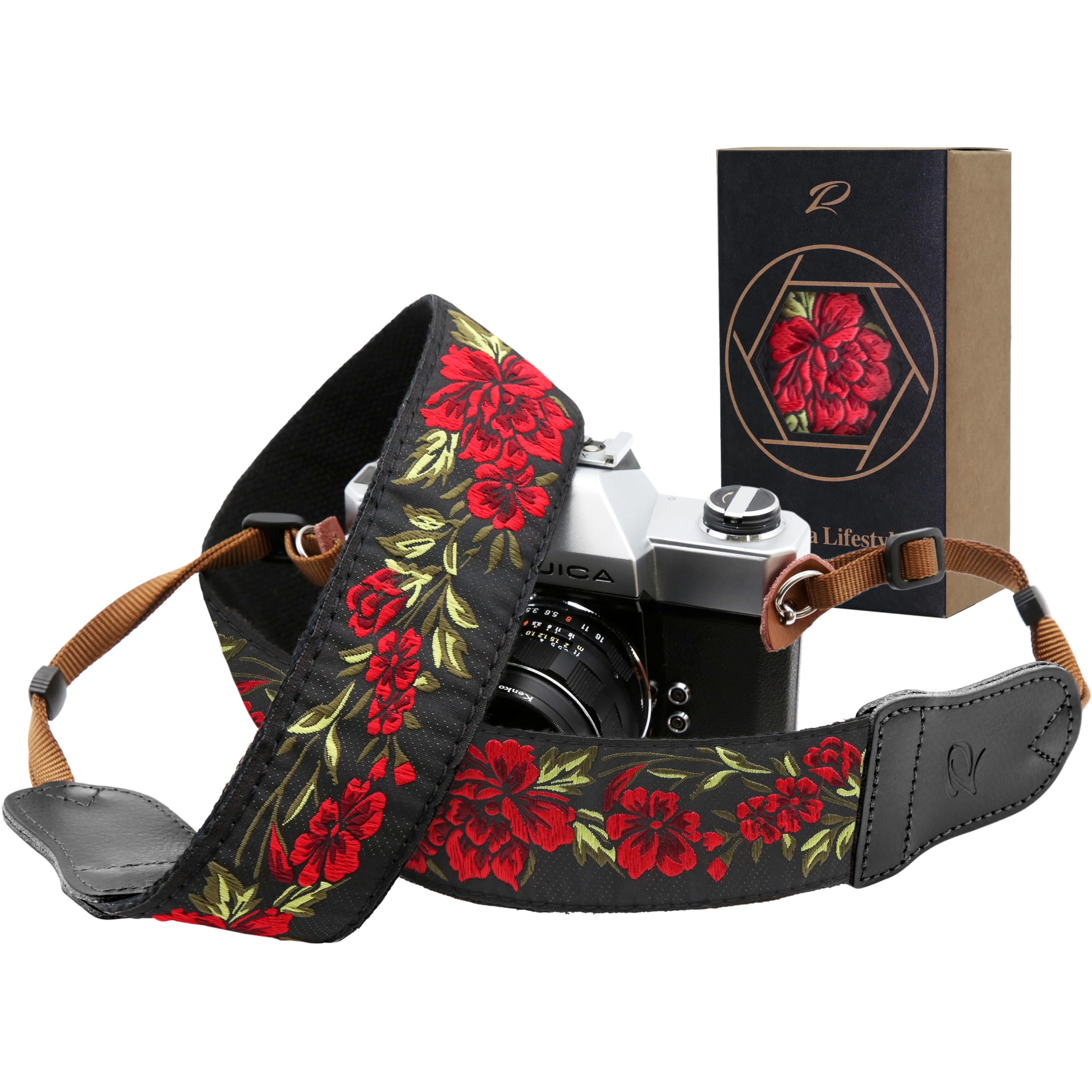 Padwa Lifestyle Rose Flower Camera Strap - 2" Wide Double Layer Cowhide Head,Pure Cotton Embroidery Camera Shoulder Straps,Adjustable Camera Neck