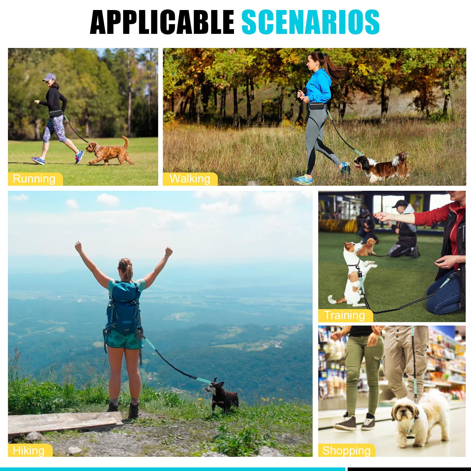 Correa de perro manos libres con cinturón de cintura, elástico retráctil reflectante con asas dobles acolchadas, correa ajustable para perro para correr, caminar, senderismo, trotar en