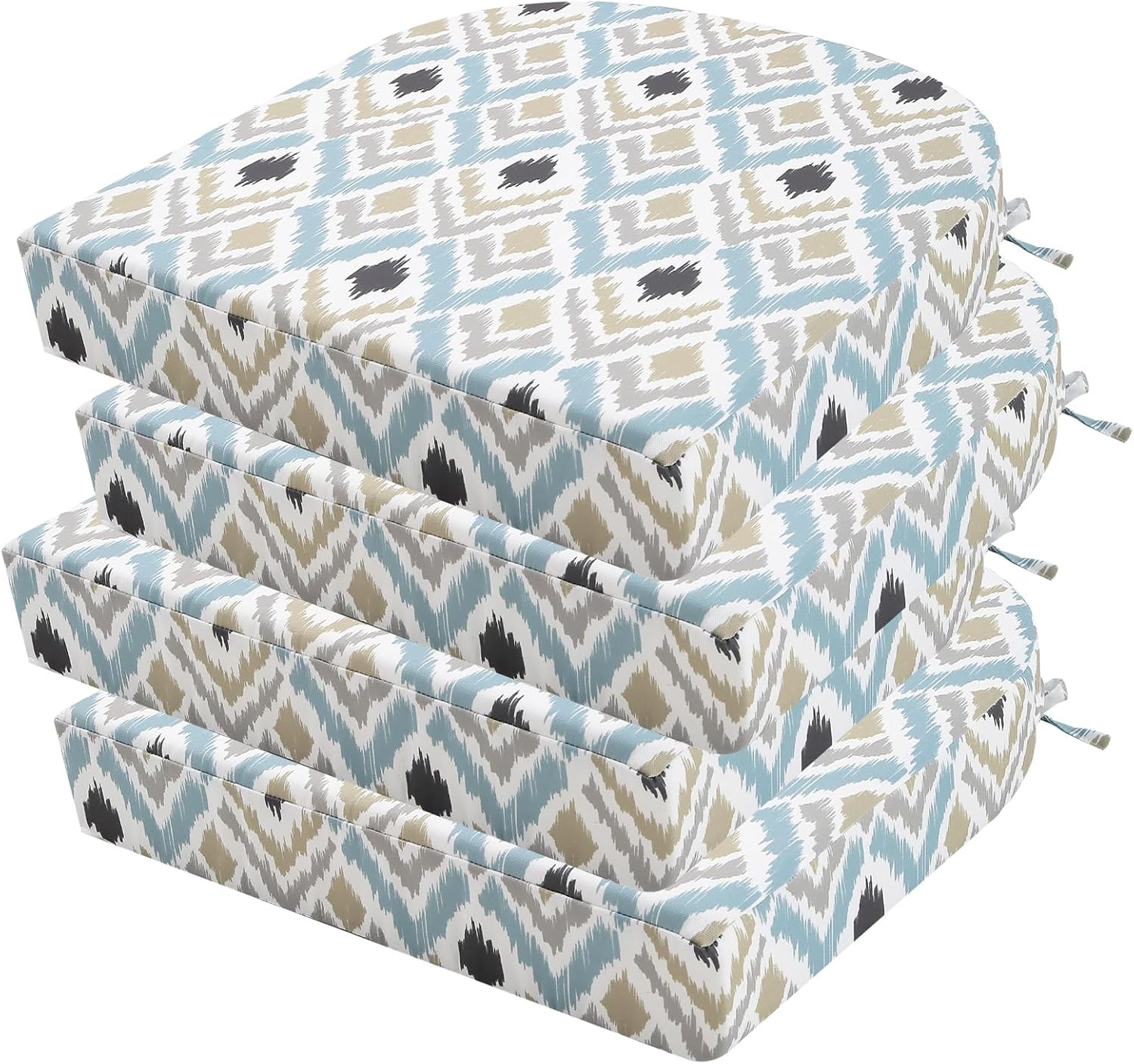 idee-home Outdoor Chair Cushions Set of 4, Outdoor Seat Cushions Thick 3" Patio Chair Cushions for Outdoor Furniture Waterproof with Ties, Chair Pads Dining 19" x 19" x 3" 19x19x3 Inch (Pack of 4) Ikat Rhombus