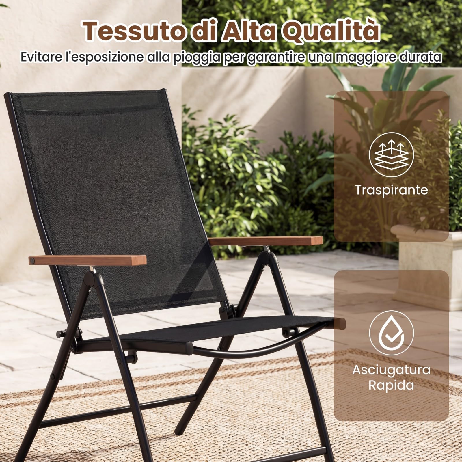 COSTWAY Set di 2/4 Sedie da Giardino Pieghevole, Struttura in Metallo, Poltrona in Tessuto Traspirante, Schienale Regolabile, per Balcone, Giardino, Terrazzo, Portata 150 kg (2,Nero)