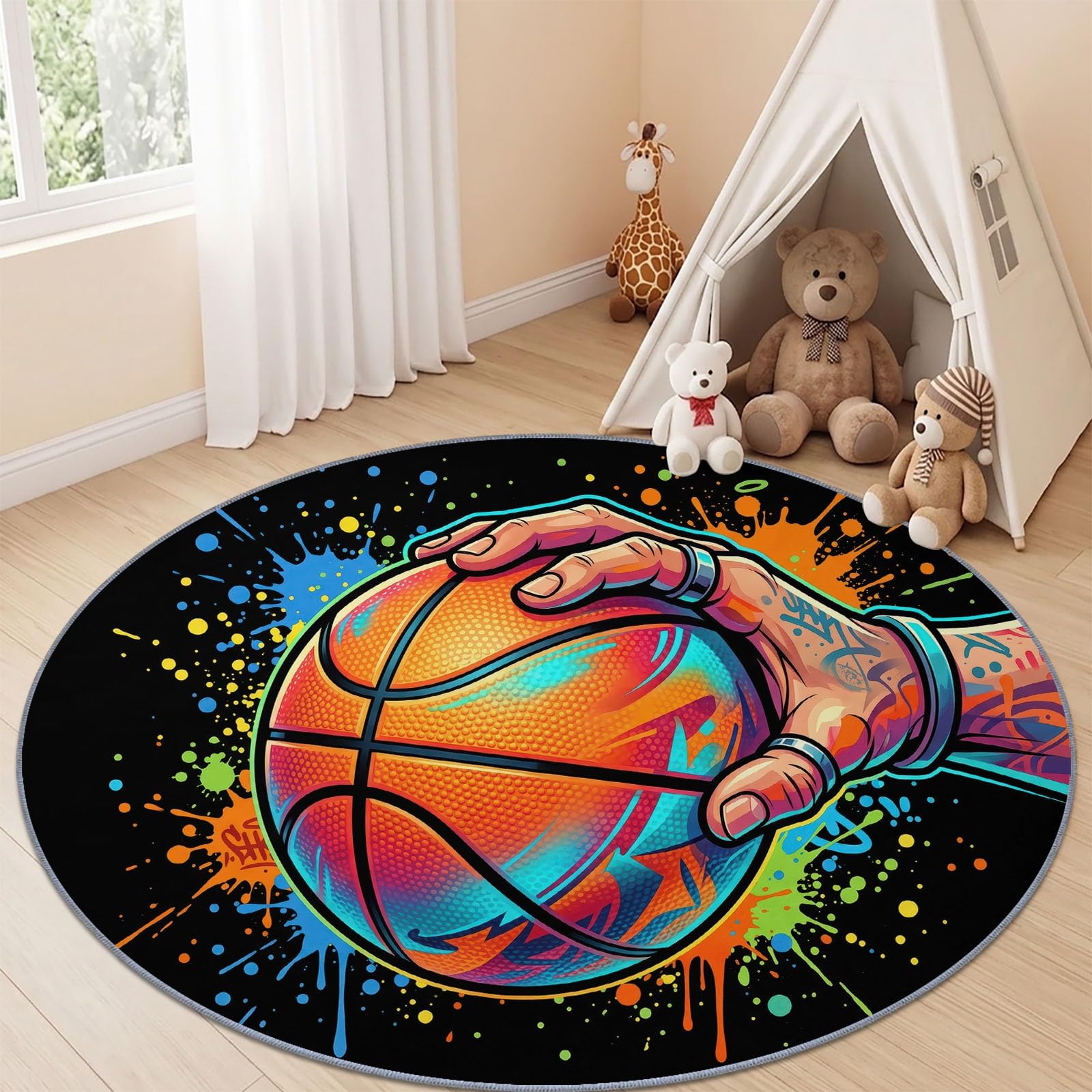 Alfombra redonda de 245 cm, lavable, para dormitorio de niños, antideslizante, deportiva, abstracta, suave, arte callejero, graffiti y baloncesto, decoración del hogar