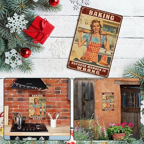 Miniatura 6 de Letrero de hojalata retro para mujer, con texto en inglés "Baking Because Murder is Wrong", divertido rústico, decoración de pared, arte de pared,