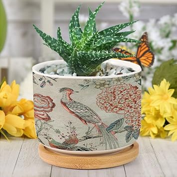 Coral Chinoiserie Bird Planter Ceramic Peacock Hydrangea Floral Round Flower Pots with Drainage Holes and Bamboo Tray Pot for Succulents Cactus Garden Windowsill