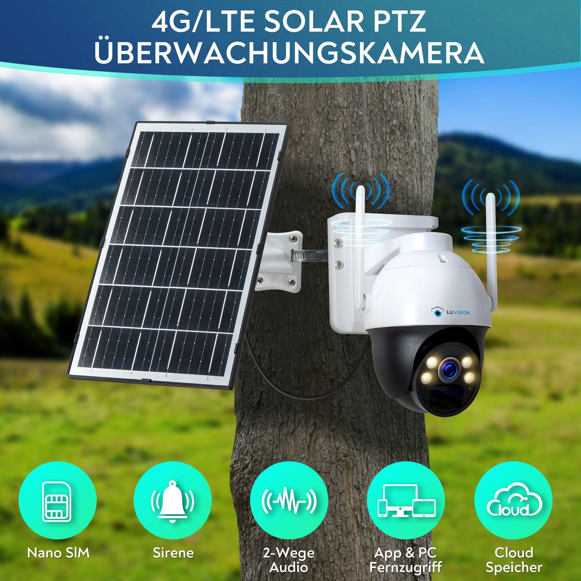 4G LTE【4MP+PTZ+ PC Software】 Solar Überwachungskamera inkl. SIM Karte, außen, Solarpanel, 18000mAh Akku Batterie, 2-Wege Audio, KI Bewegungsverfolgung, Auto Tracking AOV 24/7 Daueraufnahme