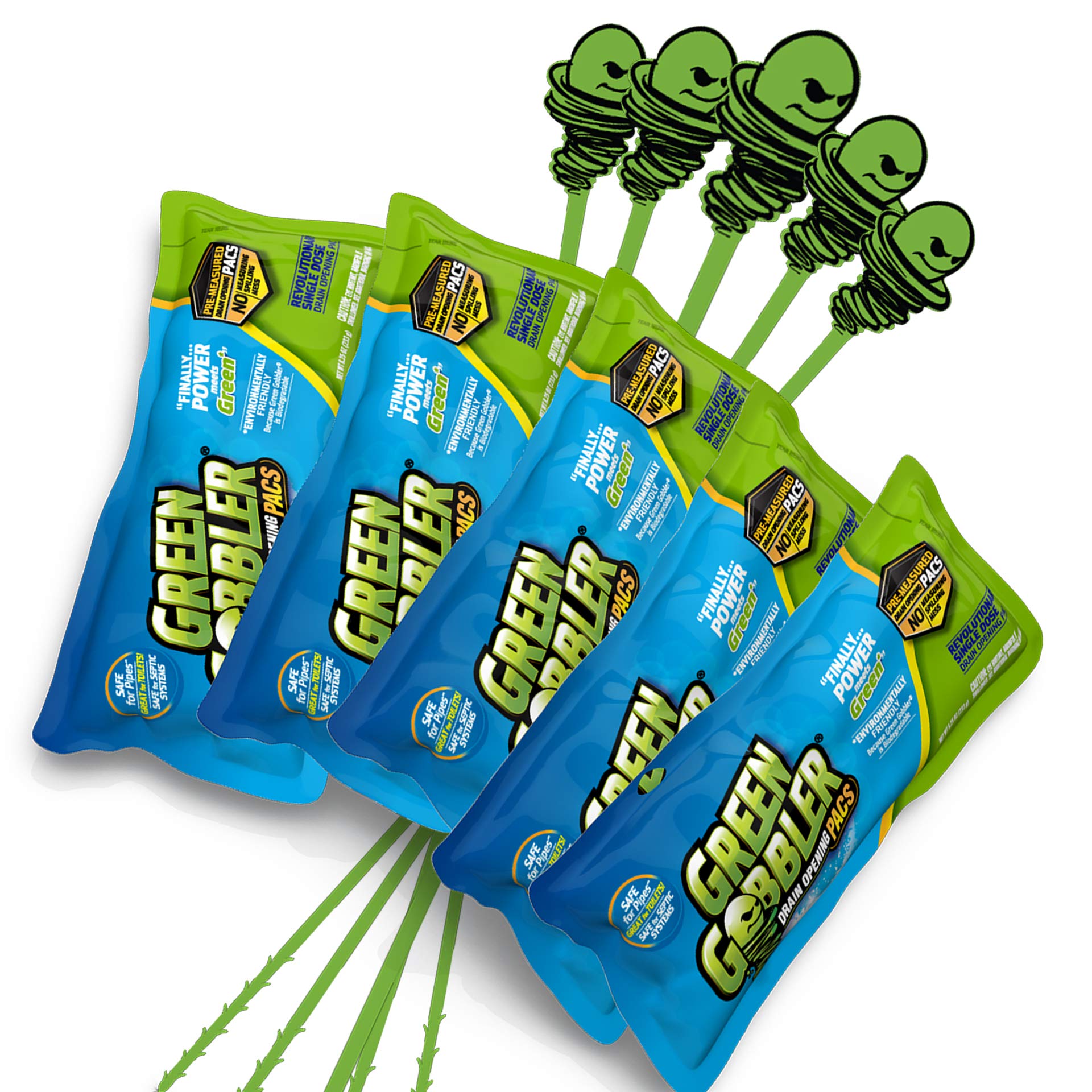 Green Gobbler Drain Clog Remover PAC'S | 5 Drain Opening Pacs & 5 Hair Drain Snake Tools | Best Drain Cleaner and Clog Remover