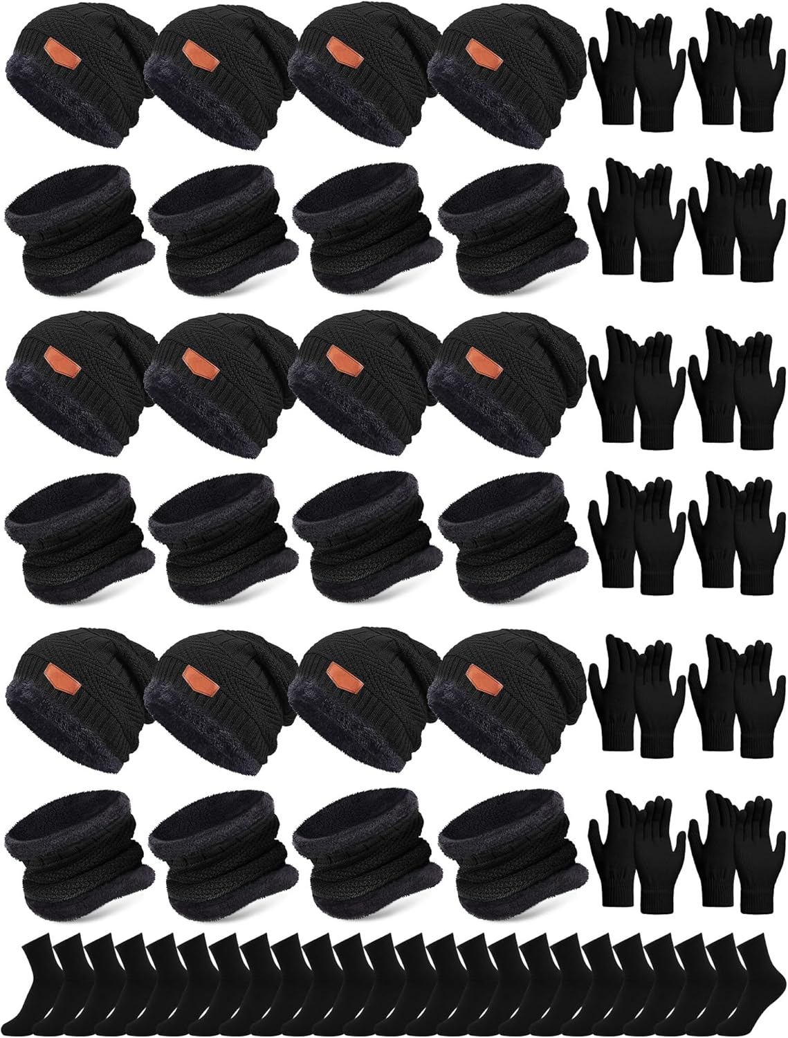 Toulite 48 Pcs Winter Hats Gloves Scarves Socks Set Fleece Lined Beanie Caps Neck Gaiter for Women Men Homeless Bulk