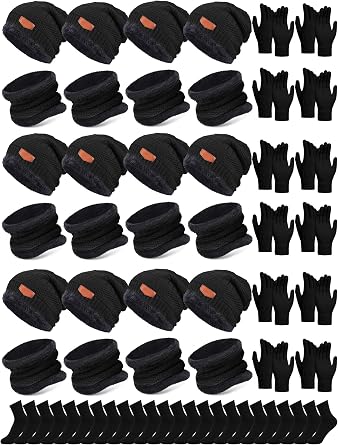 Toulite 48 Pcs Winter Hats Gloves Scarves Socks Set Fleece Lined Beanie Caps Neck Gaiter for Women Men Homeless Bulk