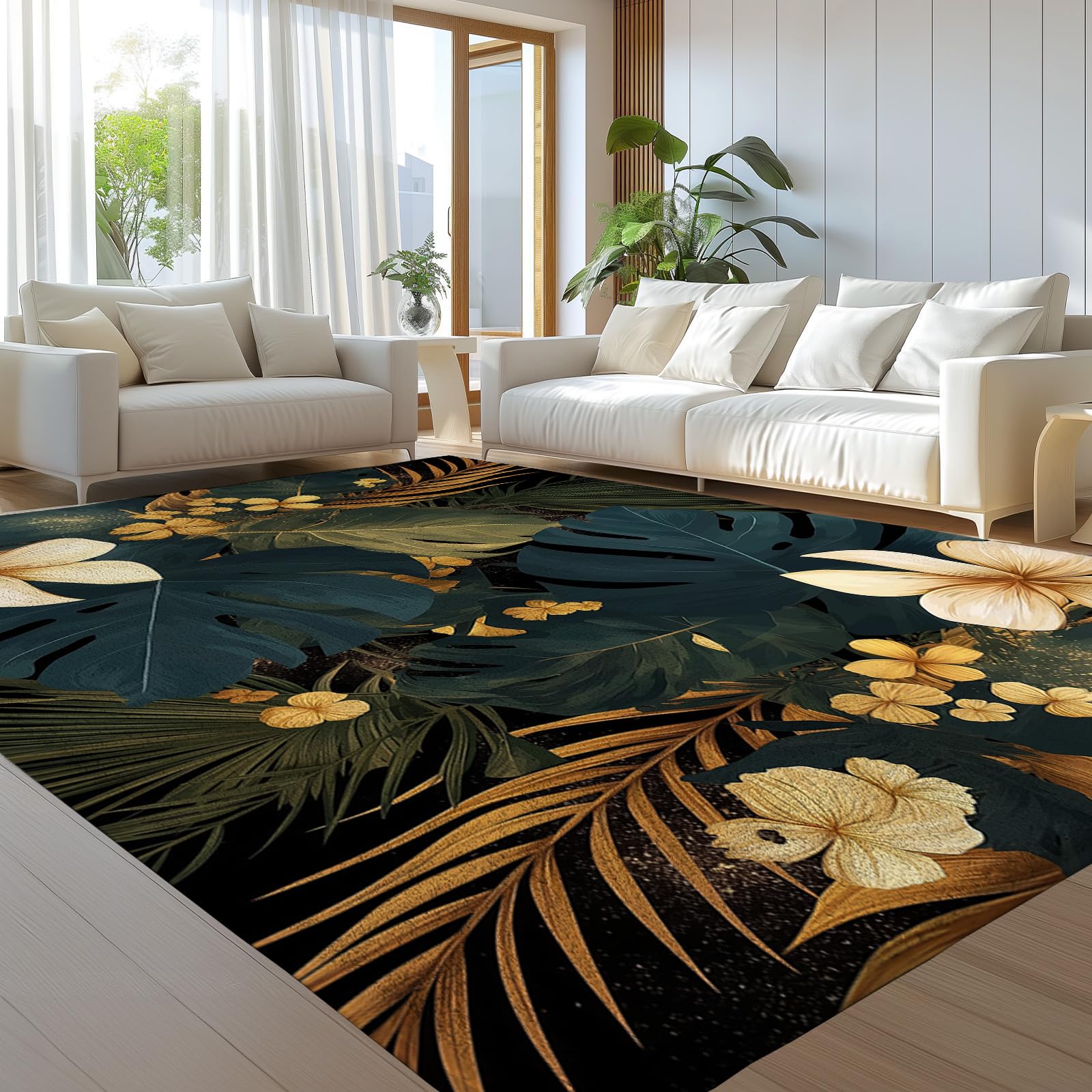 Tapis antidérapant lavable moderne à motifs de feuilles tropicales 150x210
