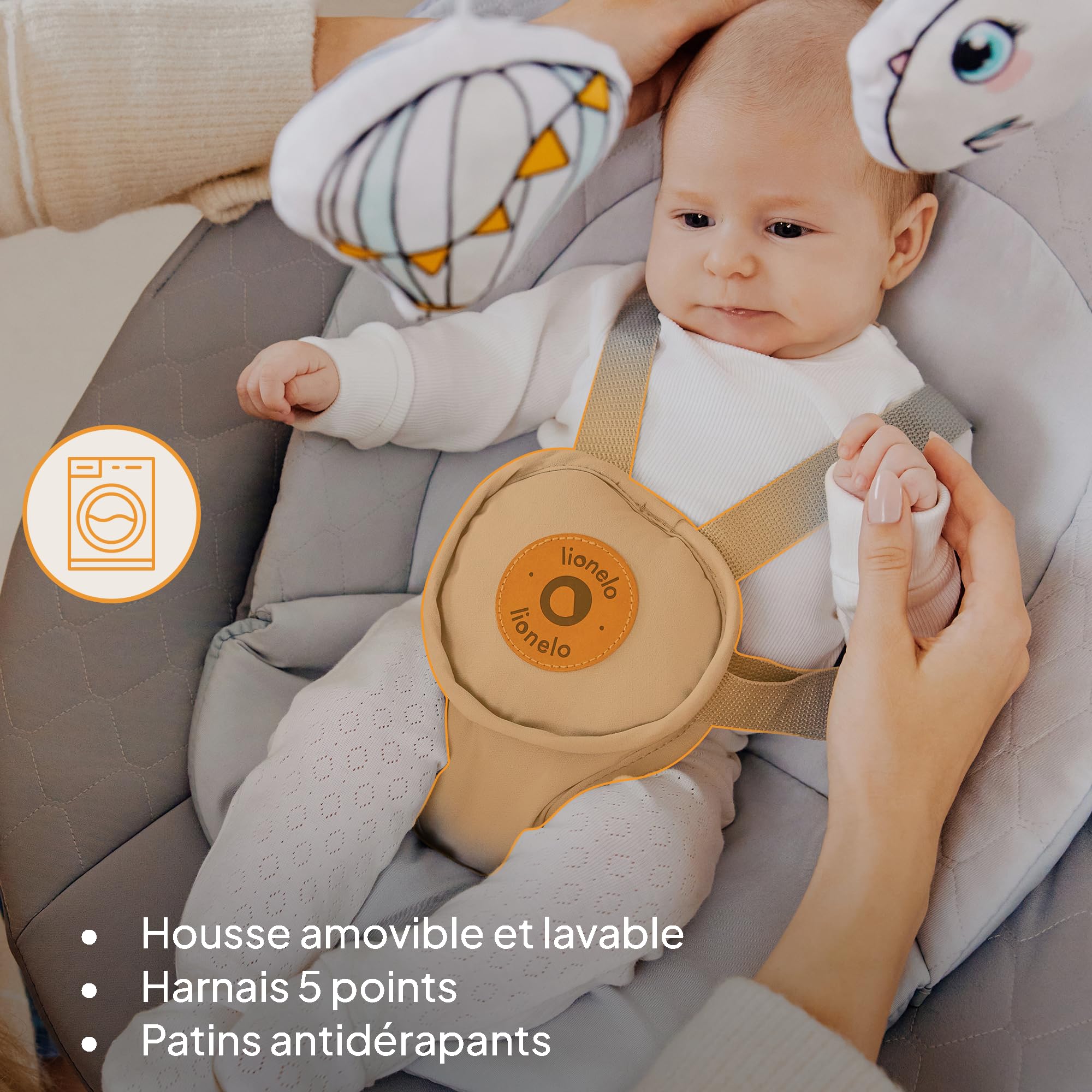 LIONELO Bella Set 2 en 1 Transat électrique nacelle 360° bébés 9 kg dossier inclinable 5 vitesses balancement ceinture sécurité antidérapante