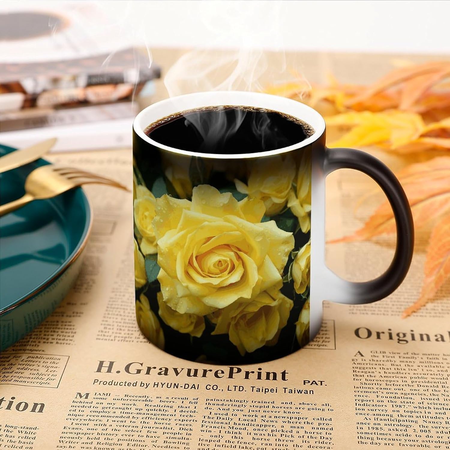 Color Changing Mug Graceful Yellow Rose Flower Printed Ceramic Coffee Mug Heat Changing Sensitive Mug Magic Heat Changing Coffee Mug Novelty Coffee Mugs