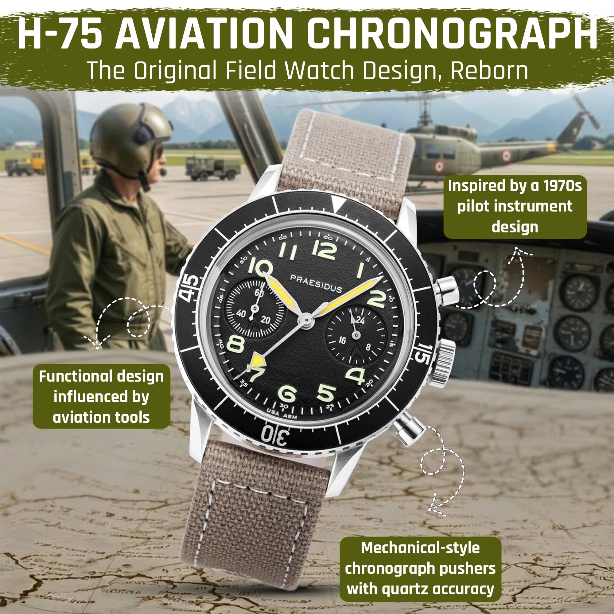 PRAESIDUS | 𝗧𝘆𝗽𝗲 𝗛-𝟳𝟱 - Zegarki dla mężczyzn, Męskie zegarki na rękę - Pilot, Wojskowy - 38mm Case | Zmontowany w USA, 2 wojna światowa, Prezent
