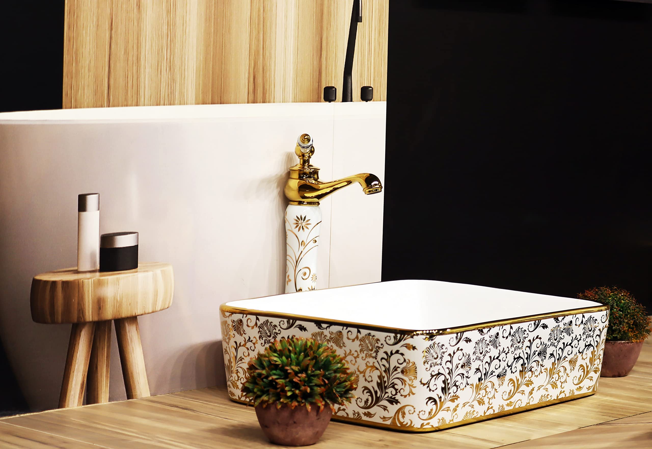 CLUSTER Designer Glossy Ceramic Table Top/Counter Top/Wash Basin For Bathroom And Livingroom Decor, White & Golden, Rectangular Shape Basin (18.8 x 14.5 x 5 Inch) (CLTT-172) 1