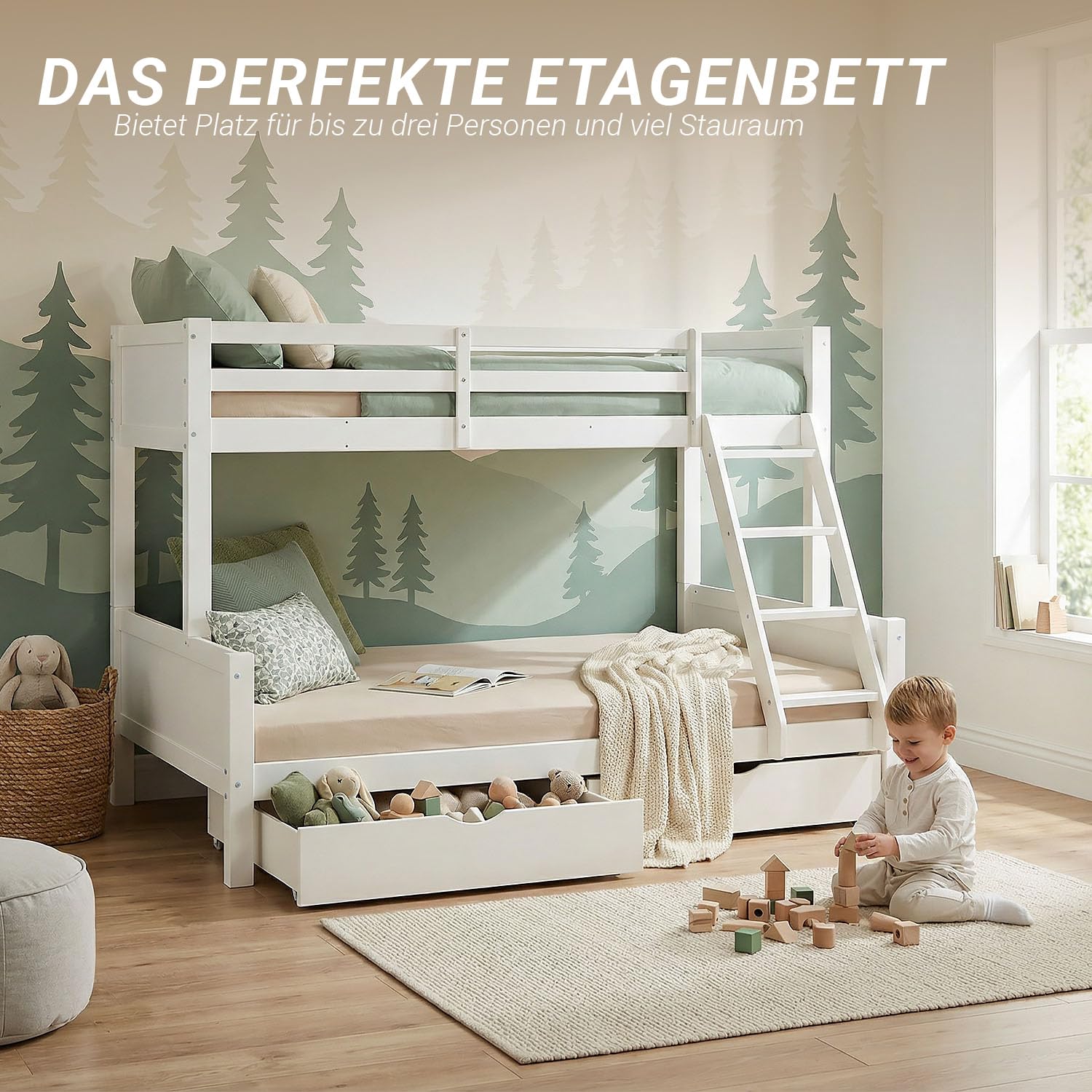 Homestyle4u Etagenbett 90x200, Hochbett mit Bettkasten, Etagenbett 140x200 mit 2 Matratzen und Lattenrosten, Stockbett Kinder Holz weiß, Doppelstockbett 90x200 und 140x200 mit Bettkasten und Matratzen