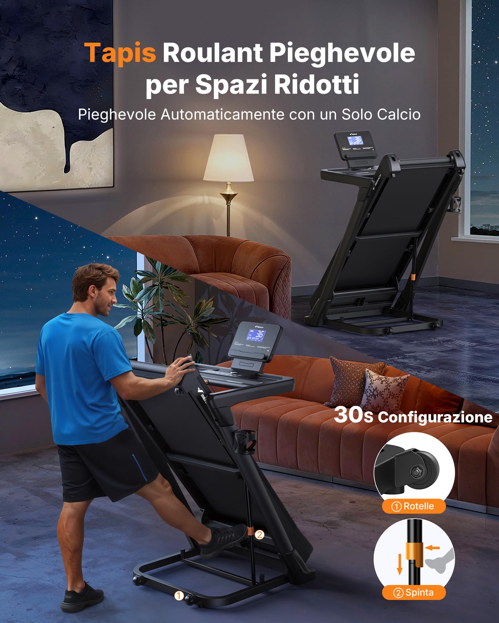 MERACH Tapis roulant per casa con pendenza, 18% di inclinazione automatica, 1-14 km/h, tapis roulant pieghevole, 3,5 HP Walking Pad, Treadmill for Home Max 159 kg, 46 x 120 cm, tapis roulant APP con