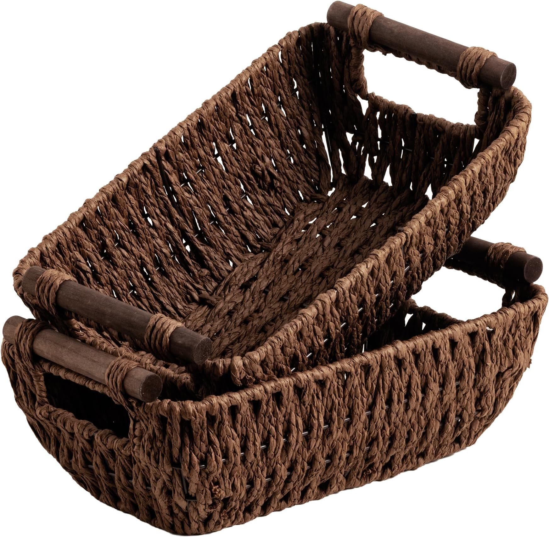 StorageWorks Handwoven Small Wicker Baskets, Round Paper Rope Storage Baskets with Wooden Handles, Dark Brown, 2-Pack