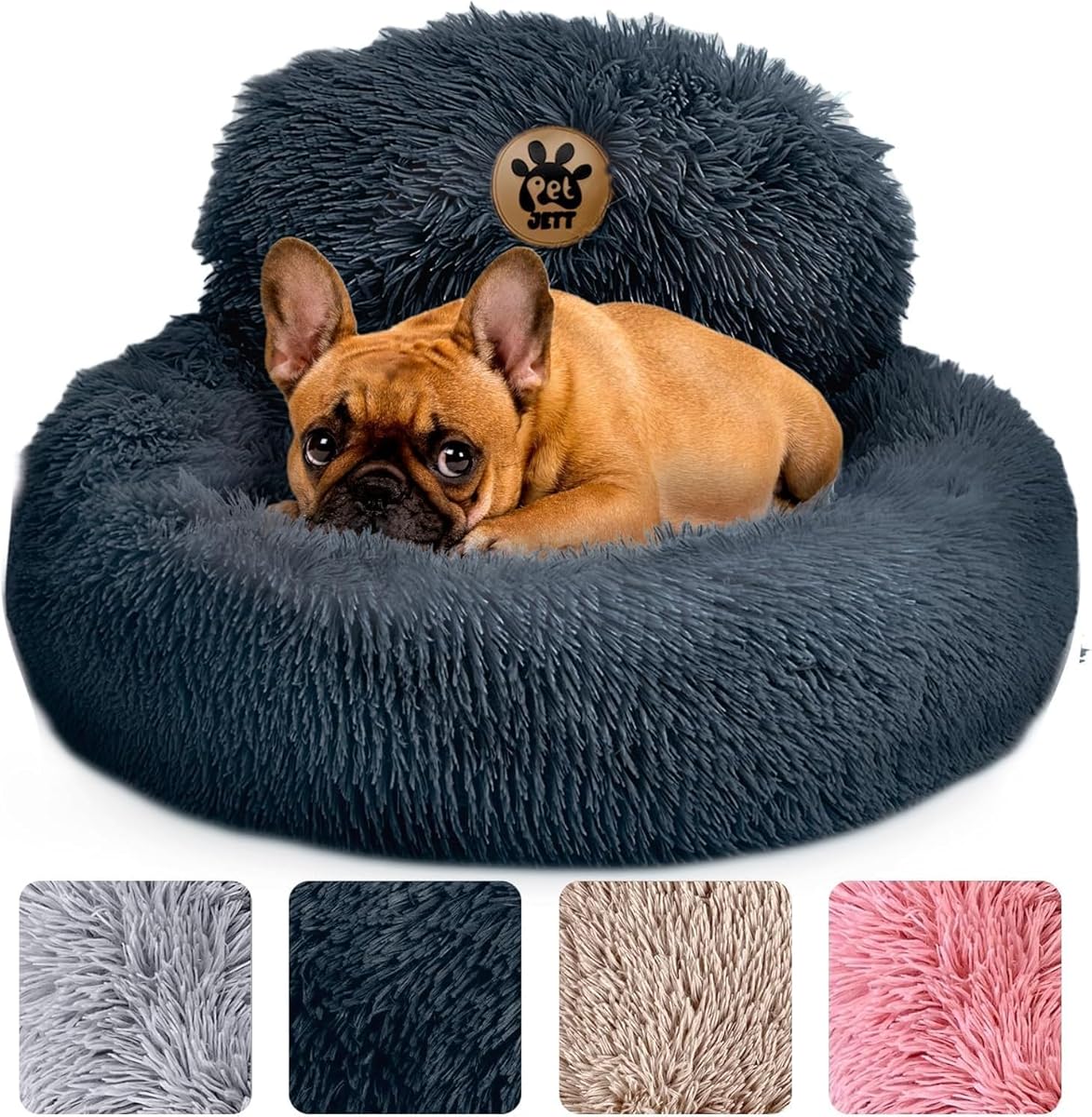 PetJett Calming Small Dog Bed - 23'' Round Dog Beds, Anti-Slip & Washable Puppy Bed - Super Soft Fluffy Plush Faux Fur Pet Bed, Anti-Anxiety Premium Comfort Donut Bed, Fits Dogs upto 25 lbs, Dark Gray