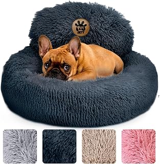PetJett Calming Small Dog Bed - 23'' Round Dog Beds, Anti-Slip & Washable Puppy Bed - Super Soft Fluffy Plush Faux Fur Pet Bed, Anti-Anxiety Premium Comfort Donut Bed, Fits Dogs upto 25 lbs, Dark Gray - Amazon product rated Grade A