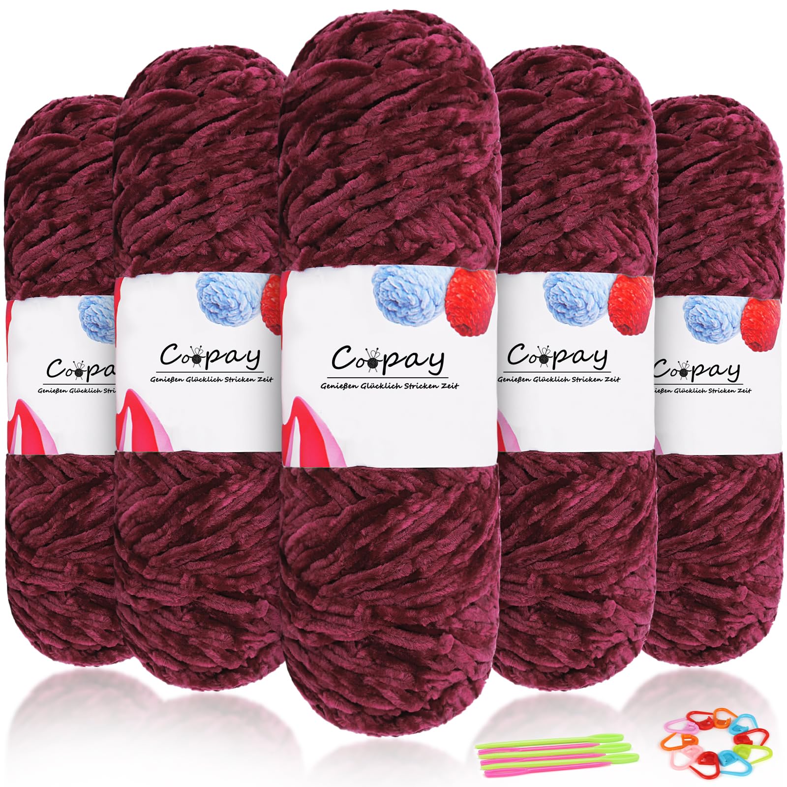 Coopay Samt Chenille Wolle zum Häkeln, 500g (5x100g) Velvet Chenillegarn, Dicke Wolle zum Stricken, Flauschige Weiche Samtig Chenillewolle mit Häkelzubehör für Schals, Decken - Burgunderrot