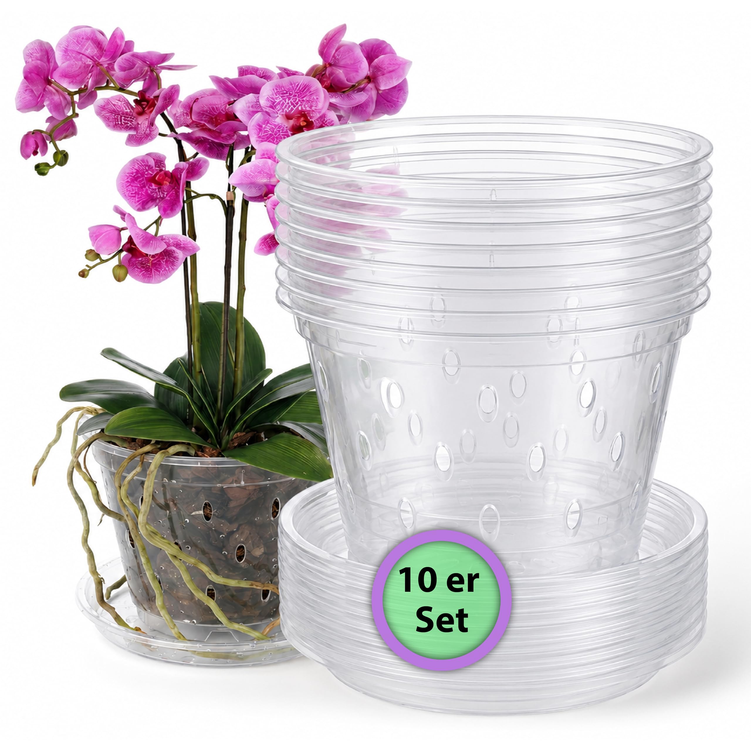 Garten Lux Ø6.70 Inch.transparent 1 Set Of 10 Pcs. Transparent Orchid Pots With Drainage Holes Ø6.70 Inch 1.5L. Diameter 17Cm And 10Pcs.saucers Plastic For Indoor Use