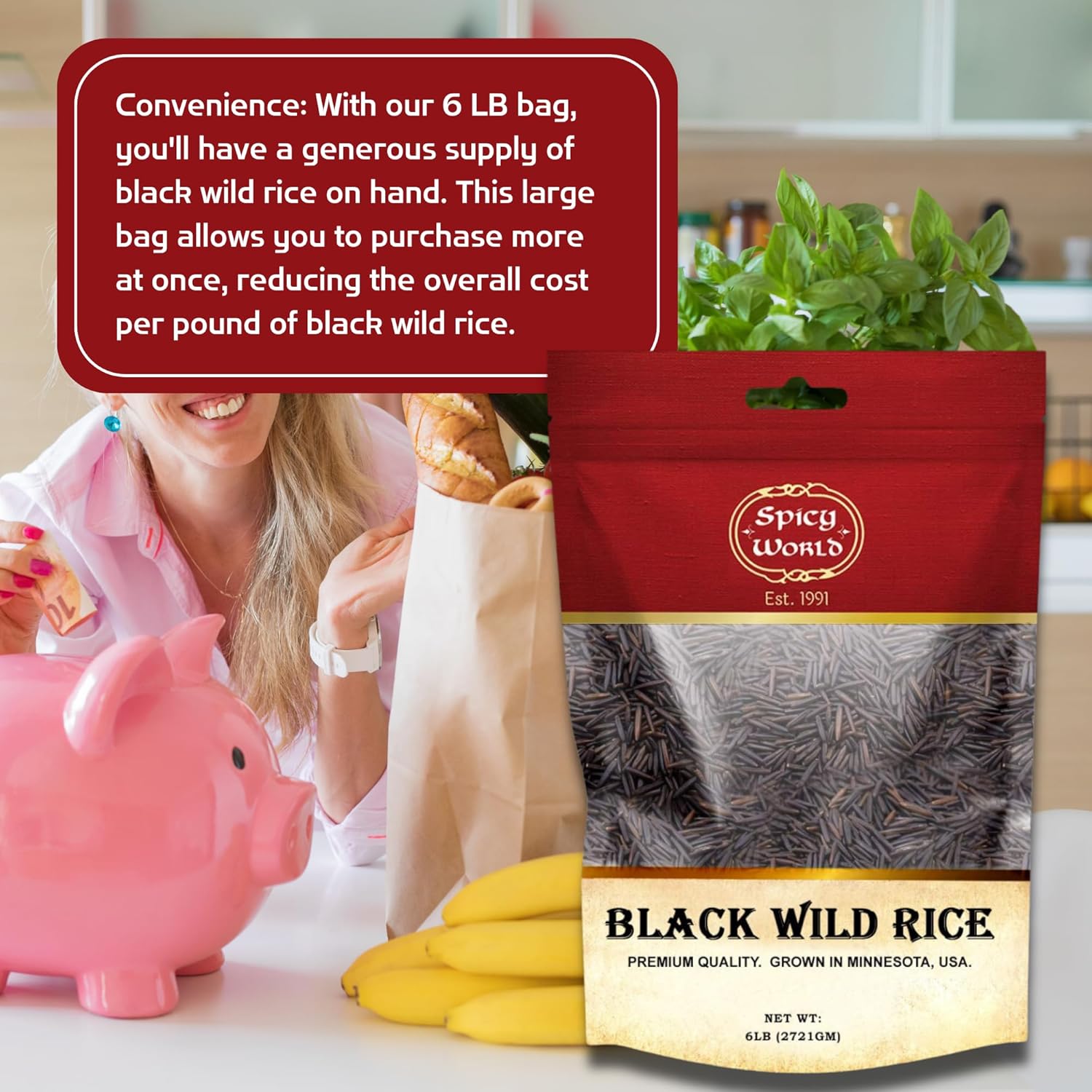 Minnesota Grown Black Wild Rice 6 Pound Bag - Premium Quality, All Natural - by Spicy World