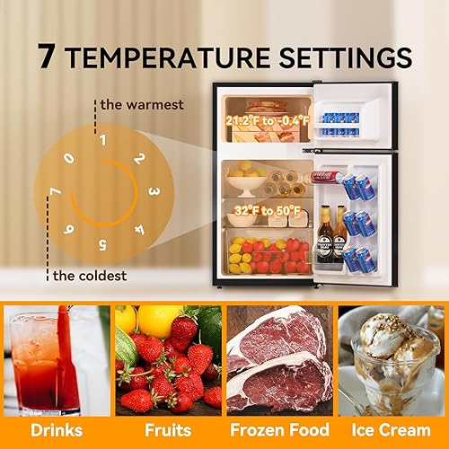 Miniatura 6 de Frestec Mini refrigerador de 1.6 pies cúbicos con congelador, refrigerador compacto con congelador, 6 temperaturas ajustables, 37 dB de bajo ruido,
