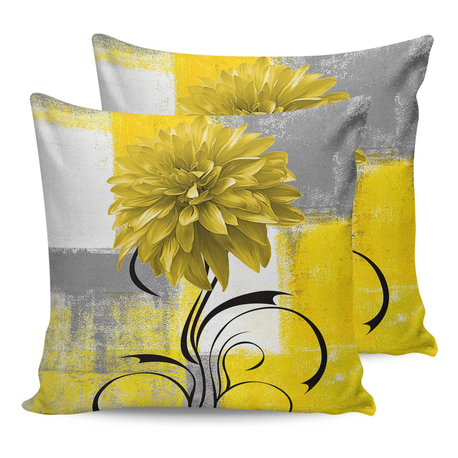 Pack of 2 Cozy Throw Pillow Covers Oil Painting Textured Dahlia Plant Yellow Square Throw Pillow Covers 26x26 Inch for Sofa Couch Decoration