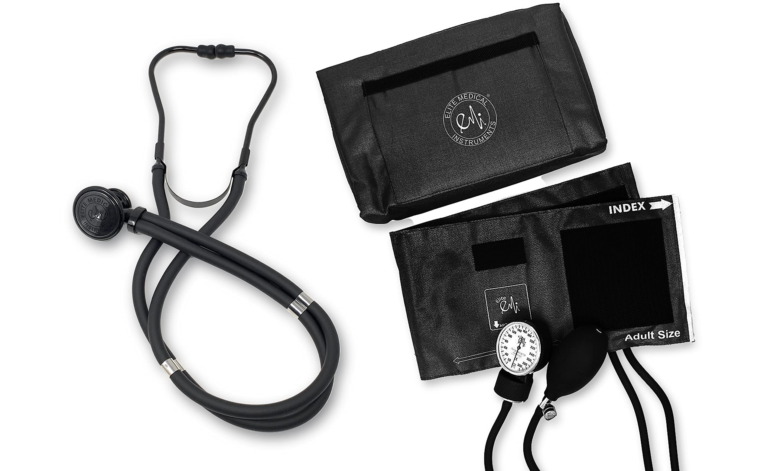 EMI 330-ST Stealth Black Sprague Stethoscope and Aneroid Sphygmomanometer Blood Pressure Set - Manual BP Cuff Kit for Nurses, Doctors, and Students